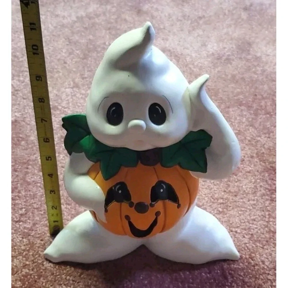 Vintage Ceramic Halloween Ghost Wearing Pumpkin Jack O Lantern Figurine Set 2